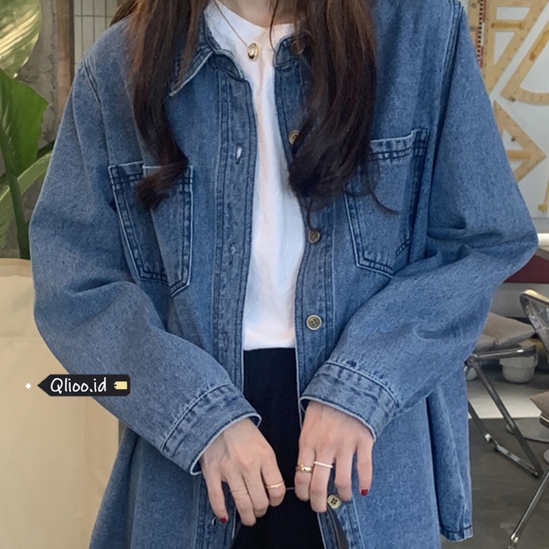 Kemeja Denim Wanita Shirt Lengan Panjang Korean Style Versi Oversize Atasan Jaket Retro All-match