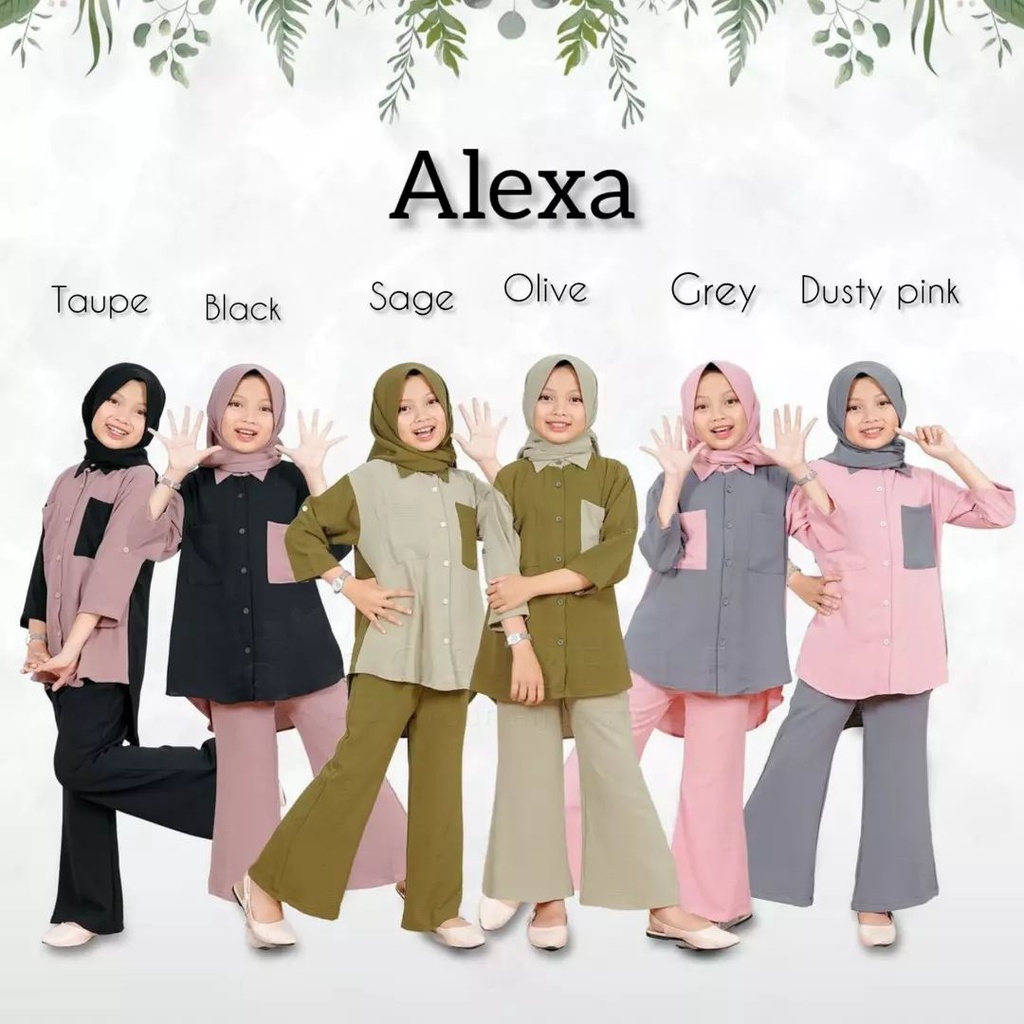 terbaru Baju Setelan Anak Tanggung plus pasmina Usia 10 11 12 tahun Alexa Kids Set Hijab Pakaian Muslim Anak Perempuan Baju Muslimah  3 in 1 set