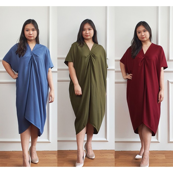 Kaftan Lebaran Pendek Polos / Midi Dress Wanita Big Size Jumbo (V9L4) Turban Promo Hari Raya Polos J