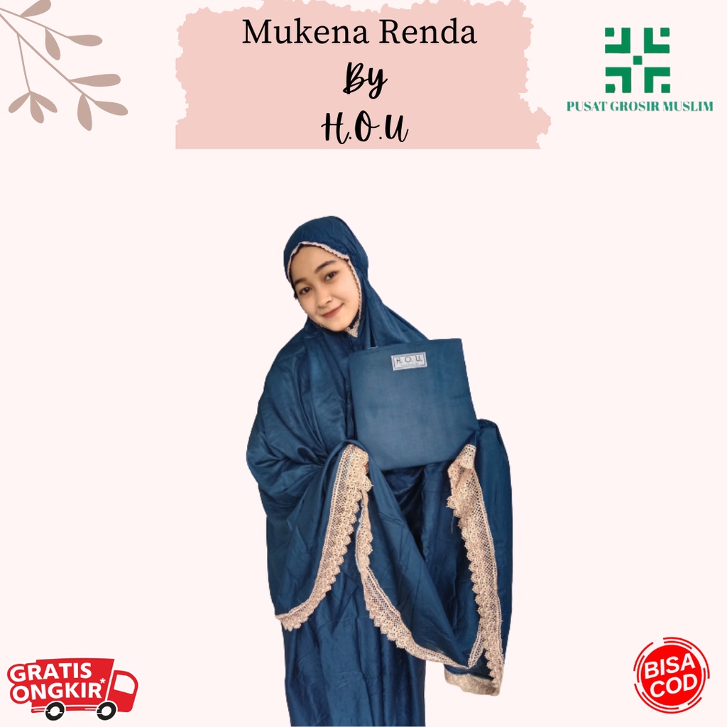 Mukena Renda Dewasa H.O.U Free Tas Mukenah Jumbo Bahan Katun Premium Bahan Adem