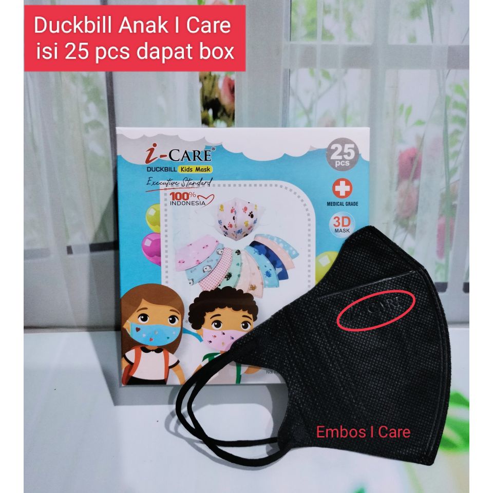 Masker Duckbill Anak Icare Hitam Putih isi 25 pcs