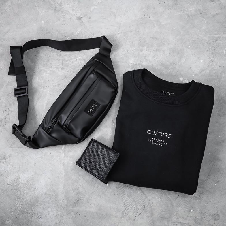 BISA COD CULTURE BASIC | CREWNECK BLACK BUNDLING (WAISTBAG + CREWNECK + DOMPET) PROMO