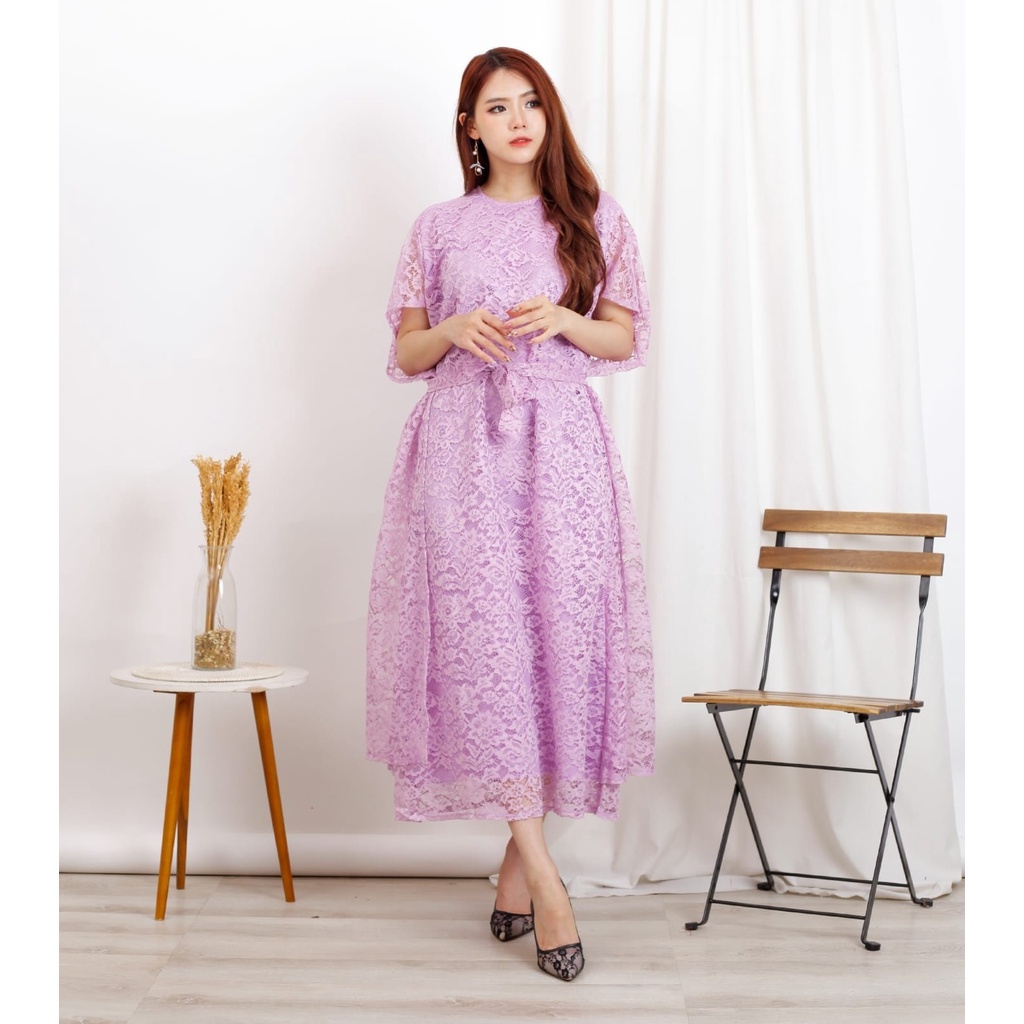 HOPYLOVY Ivana Long Dress Brukat Lengan Batwing lapis furing