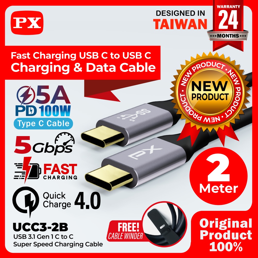 Kabel Data Type C Fast Charging Quick Charge 100W 2 Meter PX UCC3-2B