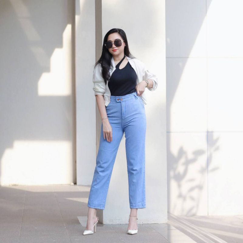 CELANA JEANS BOYFRIEND // Celana jeans BF highwaist pinggang karet kancing 2