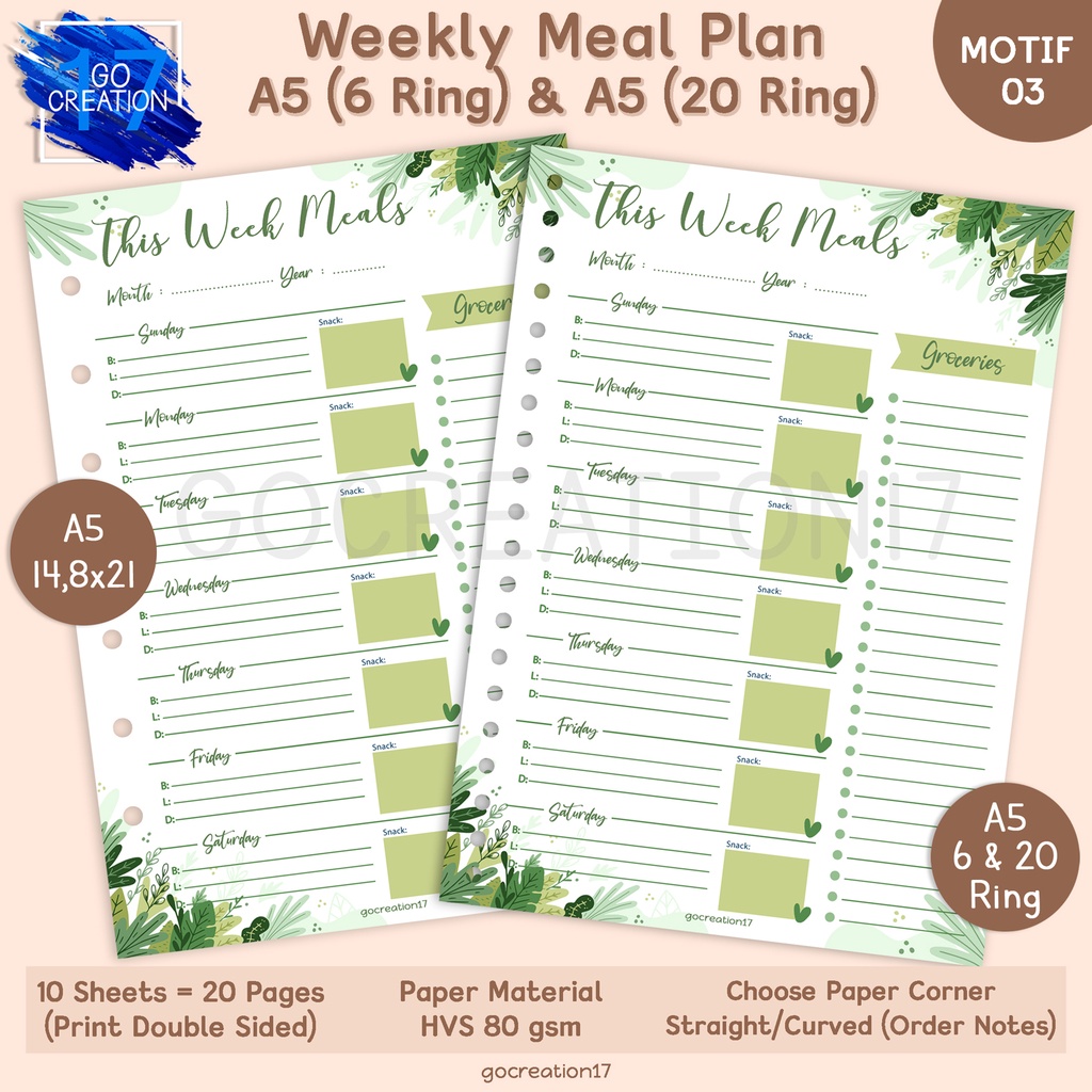 

Kertas Planner Isi Binder Weekly Meal Plan Motif Premium A5