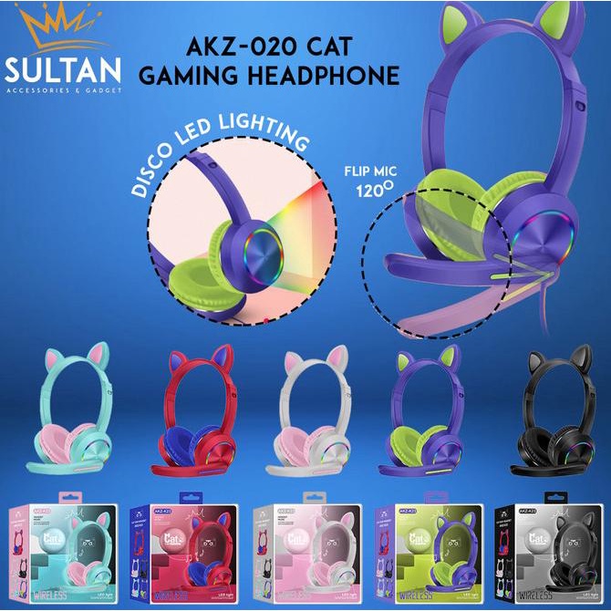 HF HANDSFREE HEADSET HEADPHONE GAMING MUSIC CAT LED AKZ 020 KOMPUTER