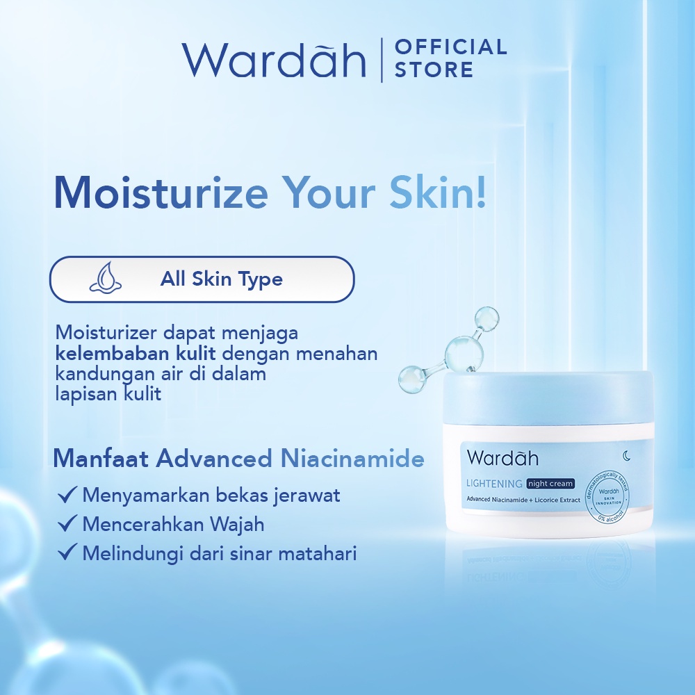 WARDAH Lightening Night Cream Indonesia / Pelembab Wajah 20ml 30g / Advanced Niacinamide + Licorice Extract / With Blue Light Protection / For All Skin Types Menyamarkan Bekas Jerawat Melembabkan Moisturizer Skincare Face Care Series / Krim Muka Malam Day