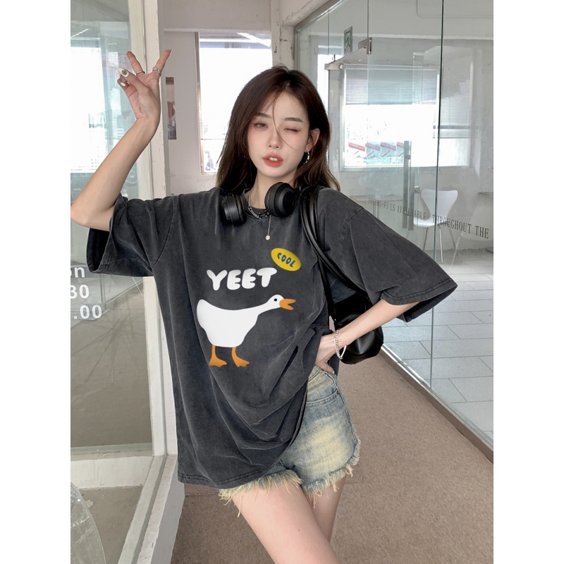 XIAOZHAINV Korean Style Cool Duck Pattern Washed Printing Kaos Wanita A0433