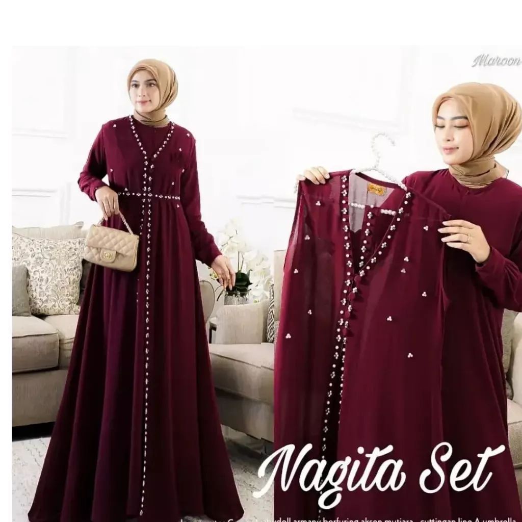NAGITA SET / Baju Gamis Set Outer Bahan Ceruty Babydoll Aksen Manik Manik Mutiara / Gamis Wanita Mus