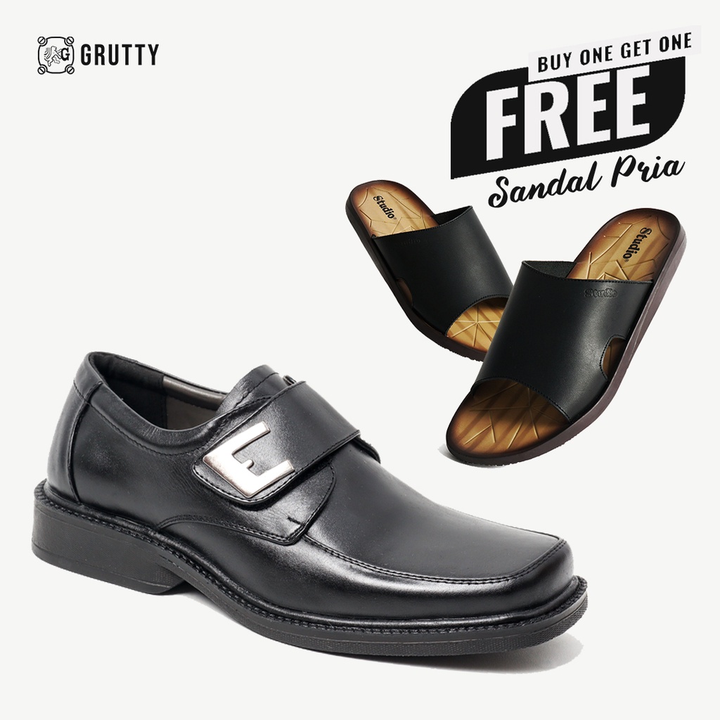 Sepatu Pria pantofel formal Model Velcro Kulit Asli Grutty DC009