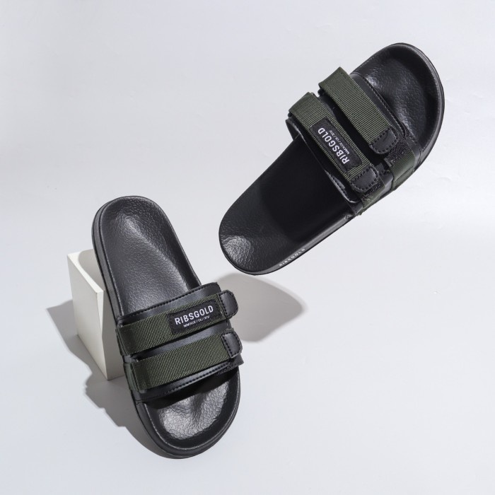 Sandal Pria Ribsgold Sandal Slippers Flip Strap / Sandal Pria Slide Strap Hitam - Army, 43(X8Q8) BES