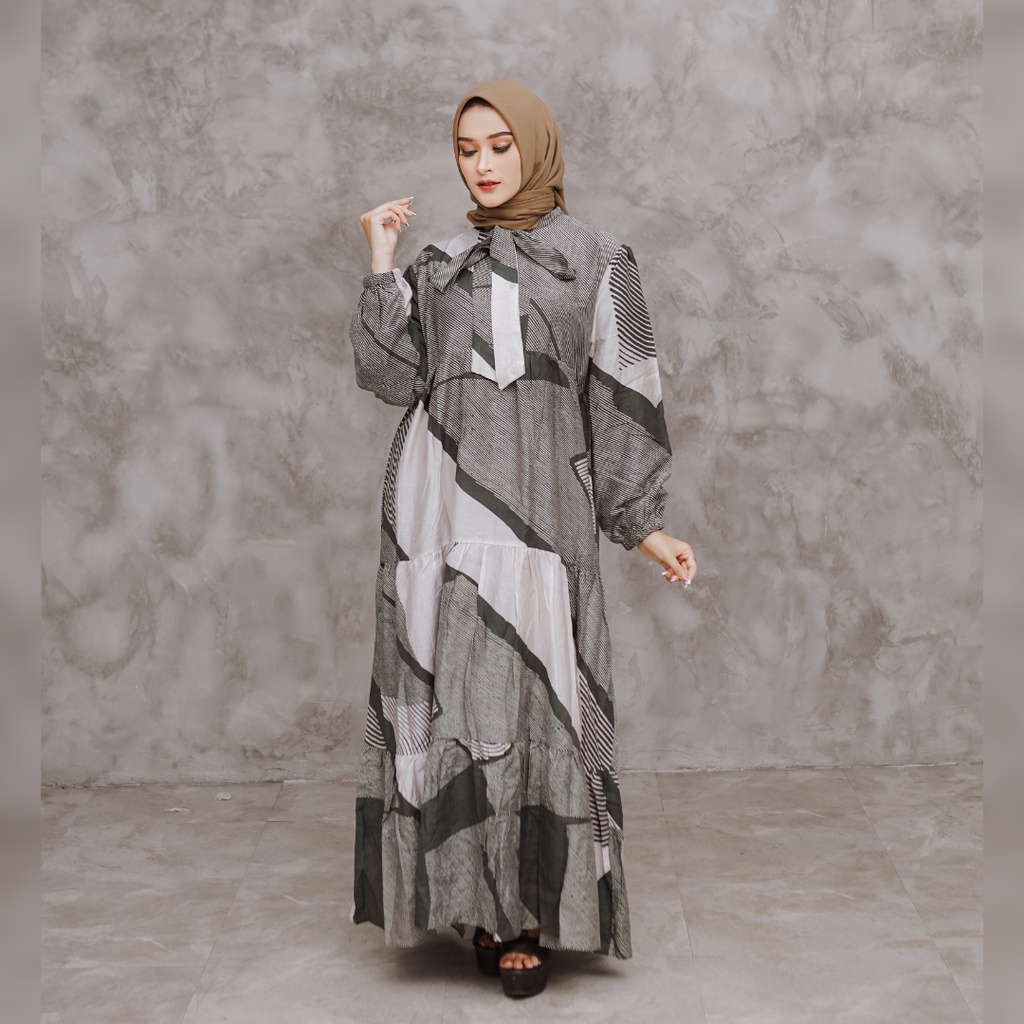 BNL Indonesia - Model Bunga Sacha Gamis Hijau - Dress Wanita Bahan Premium Import Variasi Pita Resle