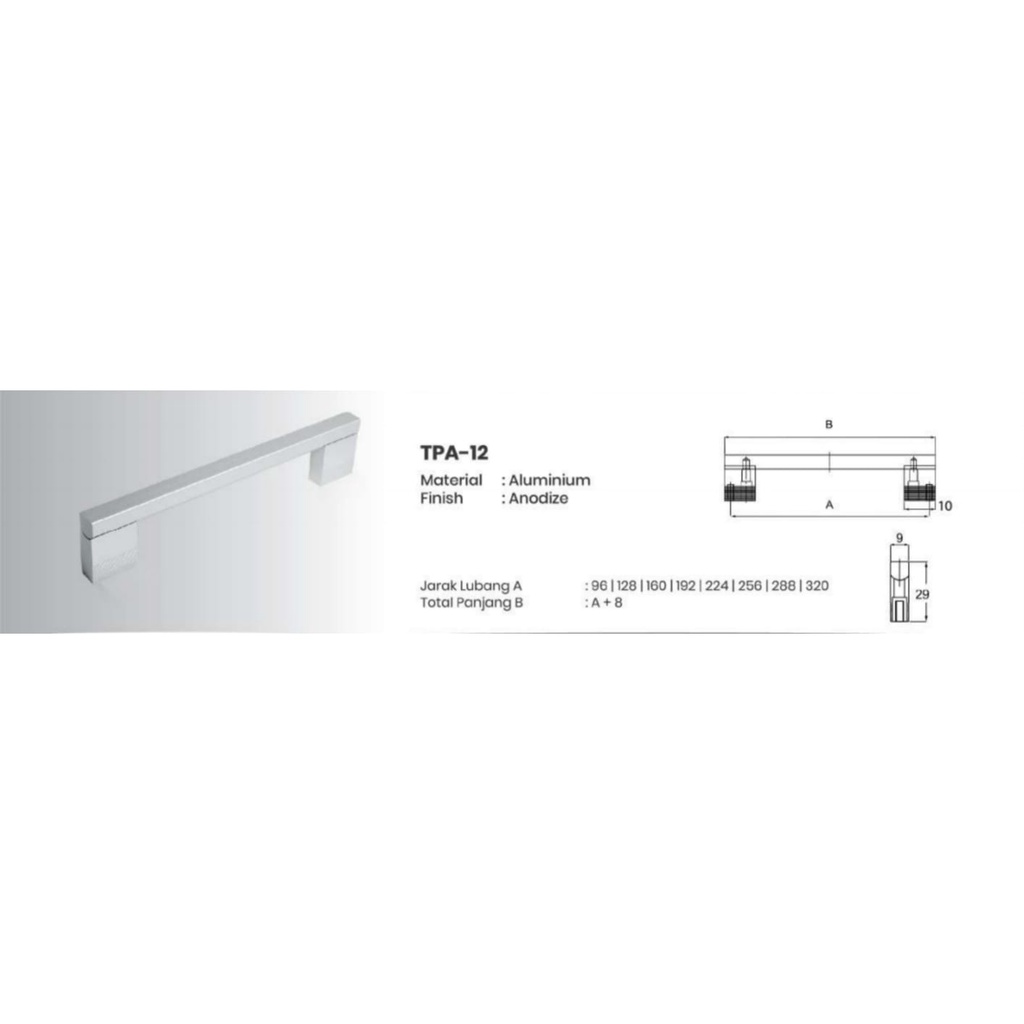 Handle Aluminium Pegangan Tarikan Laci Lemari Mebel Kitchen Set Huben TPA 12 Anodize