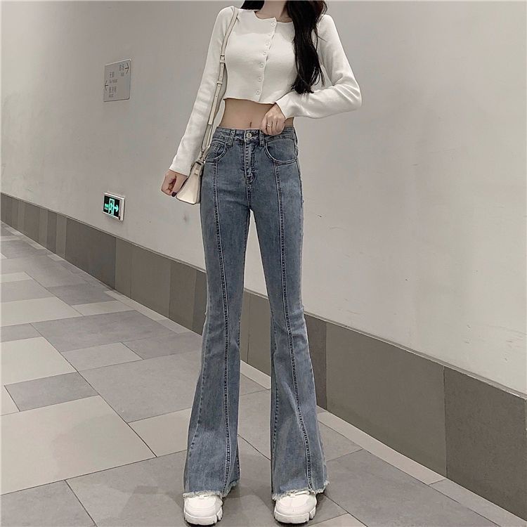 new biru high waist kekinian cewek celana jeans panjang wanita