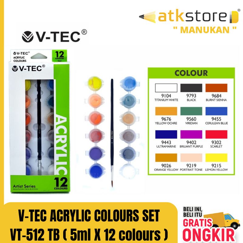 

V TEC Cat Akrilik ACRYLIC COLOUR VT-512 TB ( 5 ml X 12 warna ) + FREE KUAS