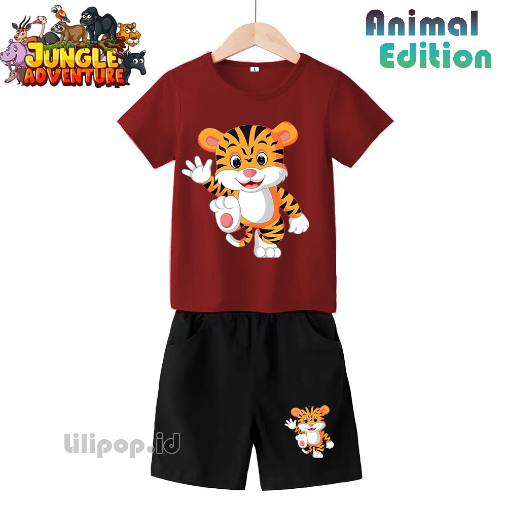 Baju Anak Stelan Kaos 3/4 Tiger Cowok Cewek  Usia 1 - 4 Tahun Celana Pendek Harian