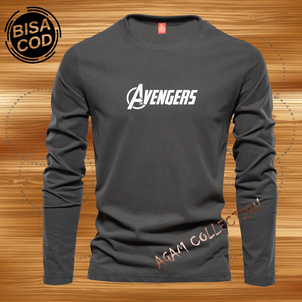 Agam Collection Baju Kaos Distro Avengers Text Putih Lengan Panjang Premium Quality Kaos Pria Keren Kaos Cewek/Cowok