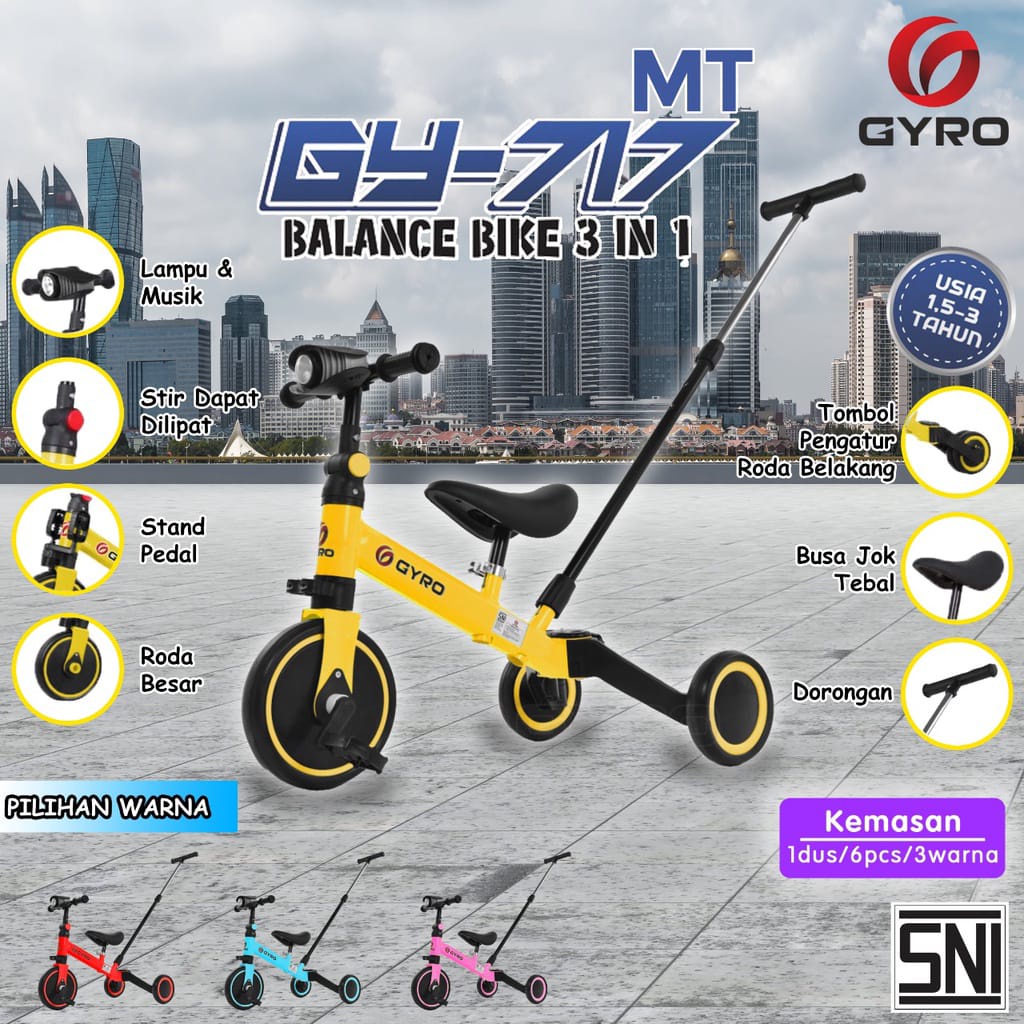 Balance Bike Sepeda Roda 3 Tiga Tricycle Push 3in1 Anak Exotic PMB 20-5, PMB 20-9, ET 5511, ET 5512, ET 709, ET 2008, ET 2011, ET 2103, Gyro 717 MT, Aviator AT 7905, Aviator AT 7901