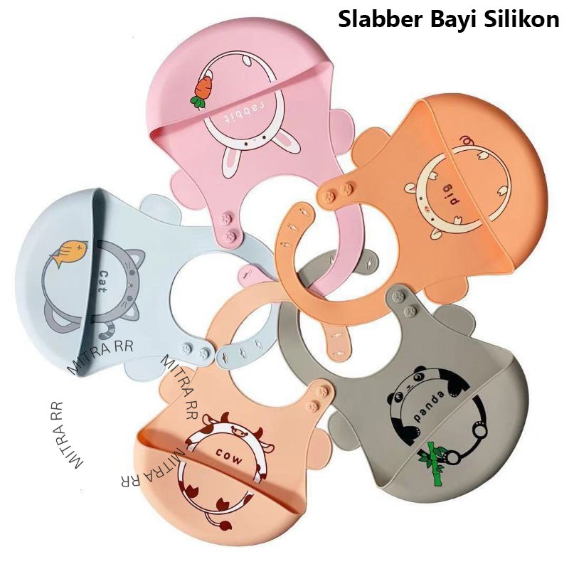 Slabber Bayi Silikon Motif Karakter Apron Baby Silicone | Celemek Makan Bayi