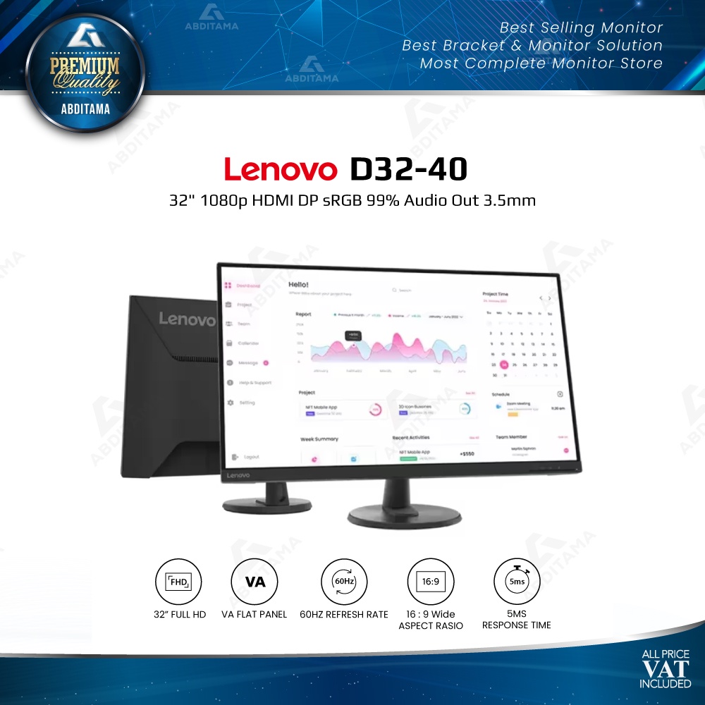 Monitor LED Lenovo D32-40 32&quot; 1080p HDMI DP sRGB 99% Audio Out 3.5mm