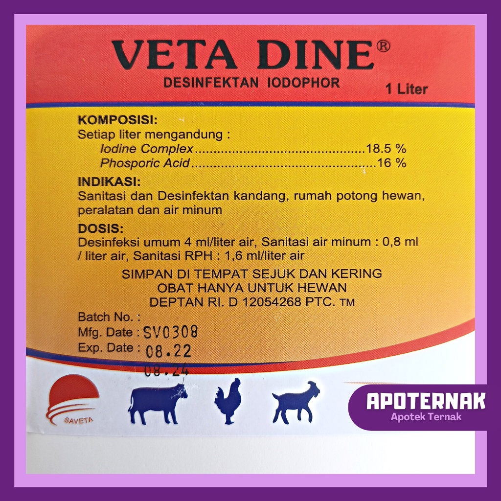 VETA DINE 1 Liter | Desinfektan &amp; Sanitasi Untuk Kandang Rumah Potong Hewan (RPH) &amp; Peralatan Peternakan