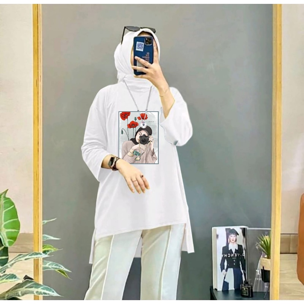 KIYOWO-Baju Atasan Kaos Tunik Blouse Hijab Motif Camera Lengan Panjang Wanita