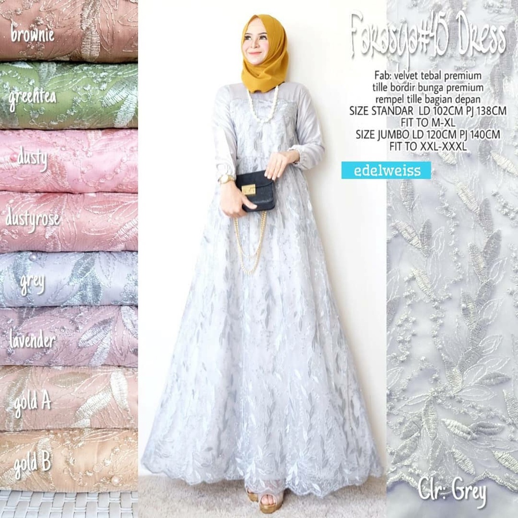 Farasya Dress Muslimah #45 Gamis Brukat Jumbo Gamis Lebaran Terbaru Gaun Pesta Resepsi Seragam Pernikahan Outfit Bridesmaid Broklat Jumbo Wanita xxxl Dress Code Kondangan Warna Rose Gold Greentea Ice Blue Maroon Navy Brown Millo Putih Denim