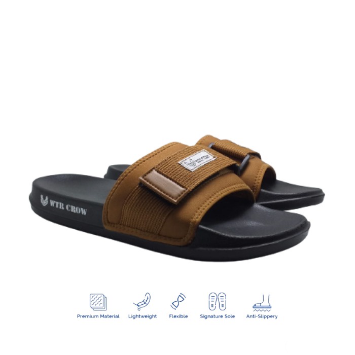 Sandal Slide Pria Slip On Simple Ringan Black Tan WTR Crow