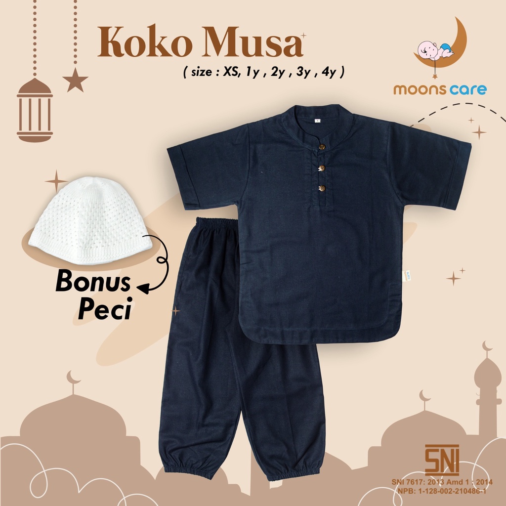 (Bonus Peci) moons care Koko Musa Bahan Linen Koko Anak Bahan Adem Set Koko Pakaian Muslim anak Laki-Laki