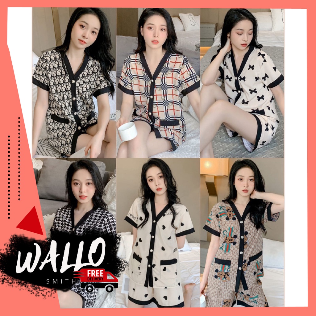 waLLo.sMith 384 Piyama Wanita Dewasa Model Kancing Depan Mewah HP Lengan Pendek Celana Pendek Import