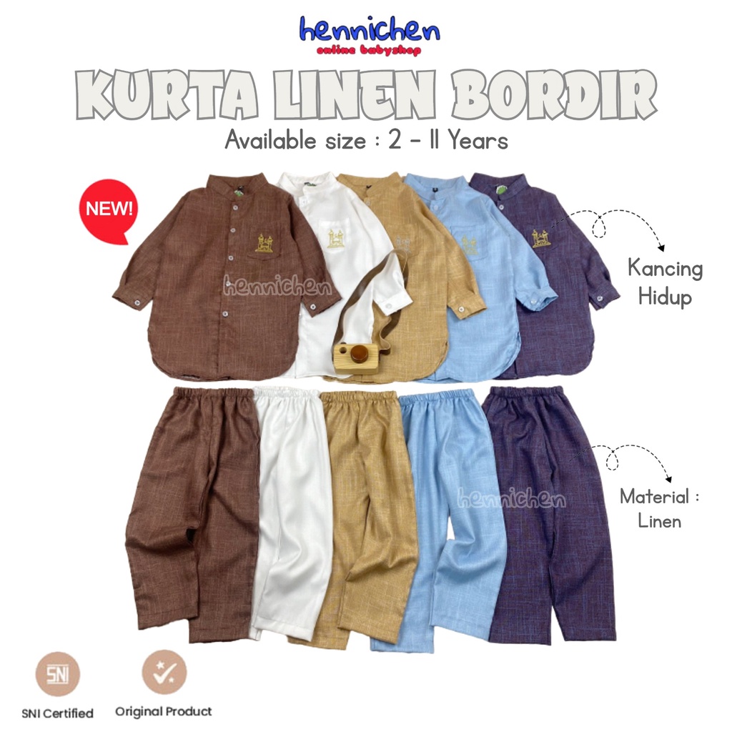 SETELAN KURTA LINEN BORDIR BAJU SETELAN ANAK LAKI LAKI BAJU KOKO KEMEJA EDISI LEBARAN ANAK PNP