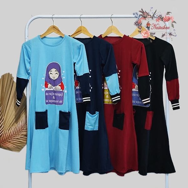 Gamis Kaos Anak Saku Lengan Rib Untuk Anak Usia 7 tahun sampai 10 tahun Long Dress Anak Perempuan Bahan Babyterry Aplikasi Sablon Include Bergo Warna Senada