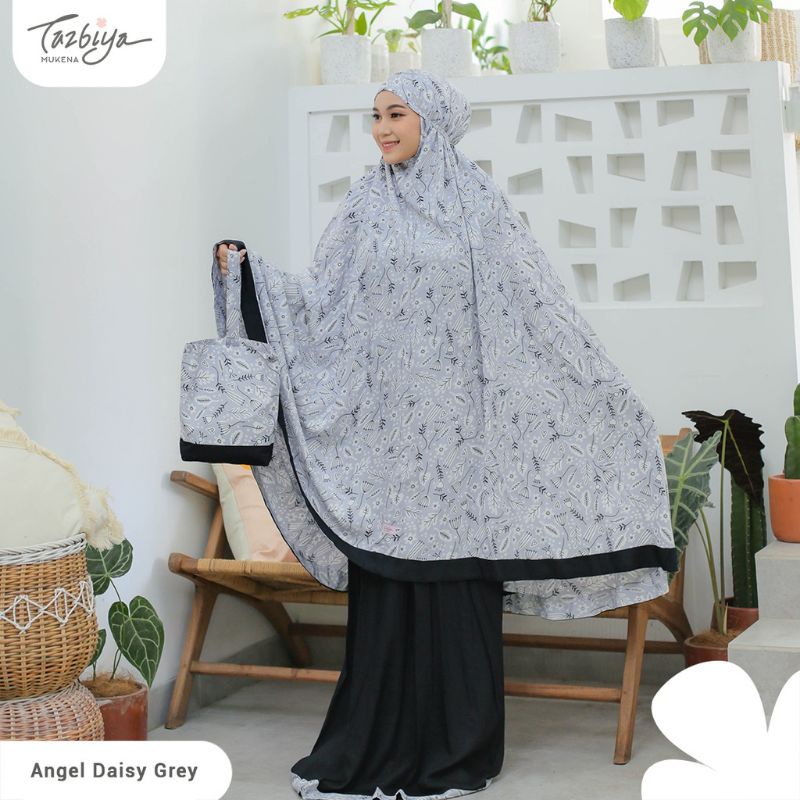 Mukena Tazbiya Angel Daisy Grey Blue Cream Jumbo Dewasa Katun Rayon Adem Motif Cantik Treveling