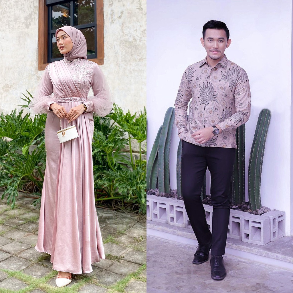 COUPLE GAMIS LEBARAN MELODY ROSE SERIES - Couple Batik Gamis Brukat Tile Halus Mix Mutiara Payet - Maxi Dress Kondangan Kekinian - Gamis Wanita Remaja Dewasa Modern 2023