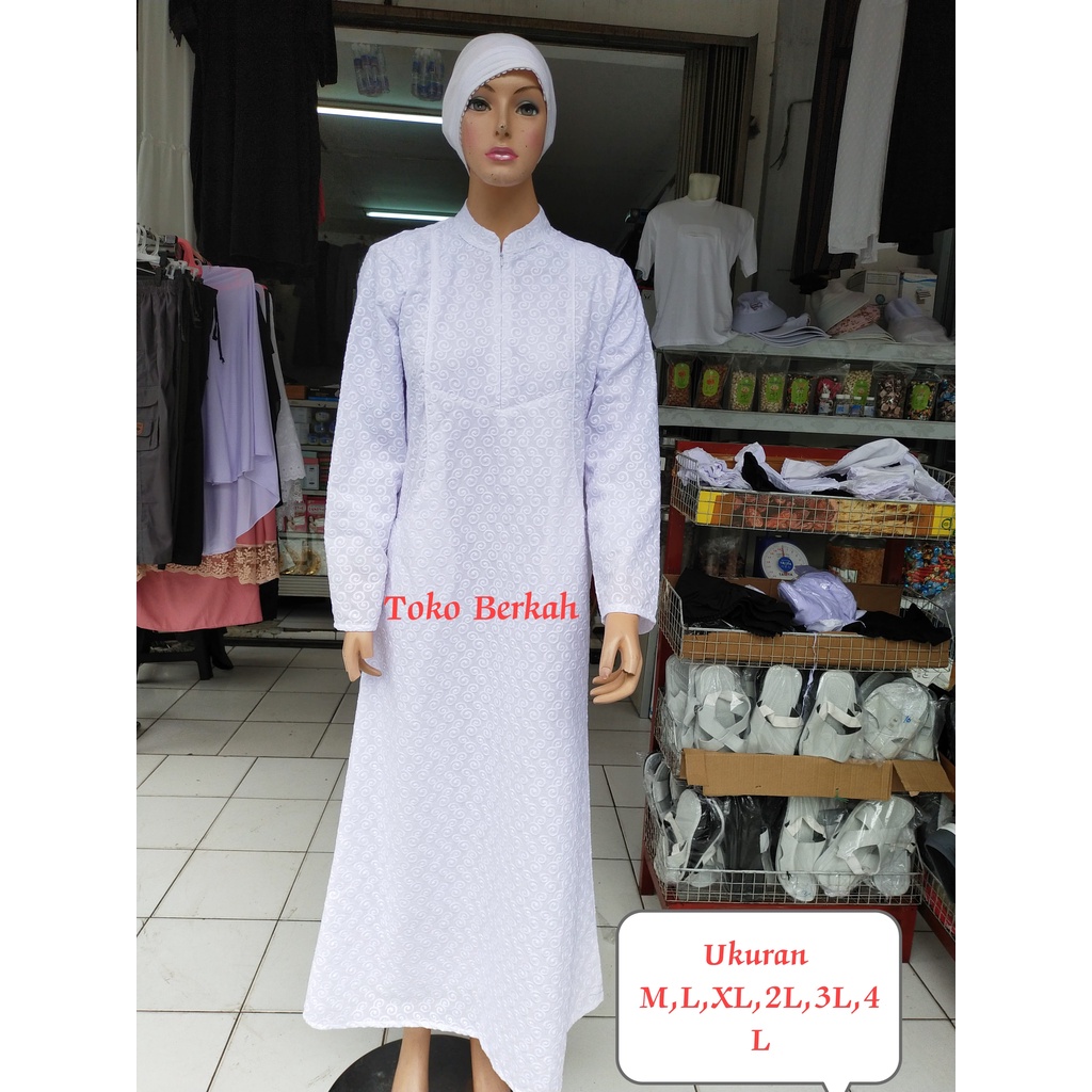 Gamis haji dan umroh katun paris satu set gamis kerudung ukuran super dan sarung tangan bordir