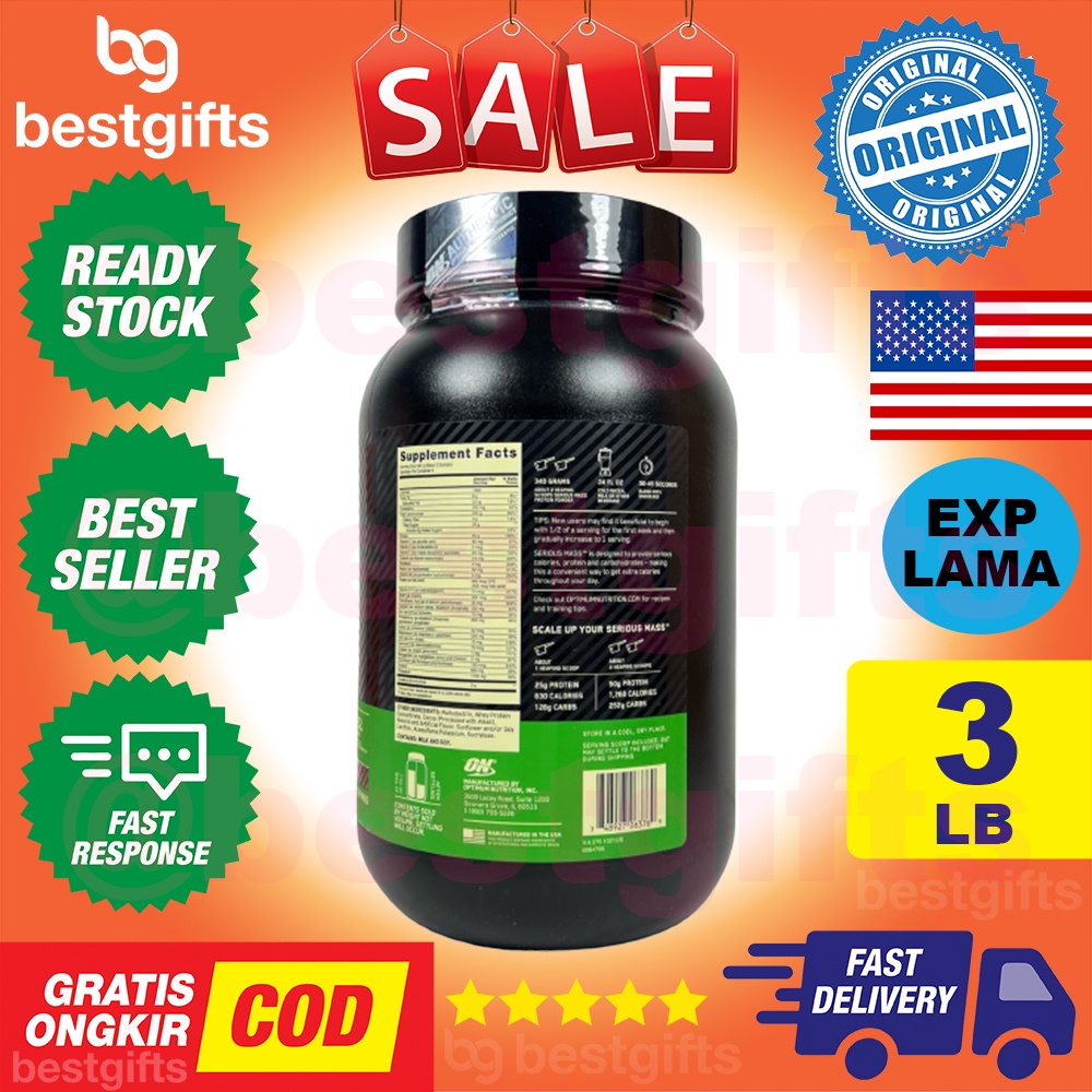 OPTIMUM NUTRITION ON SERIOUS MASS CALORIE RICH PROTEIN SOURCE CHOCOLATE COKLAT &amp; VANILLA NAIK BERAT BADAN 3 LB