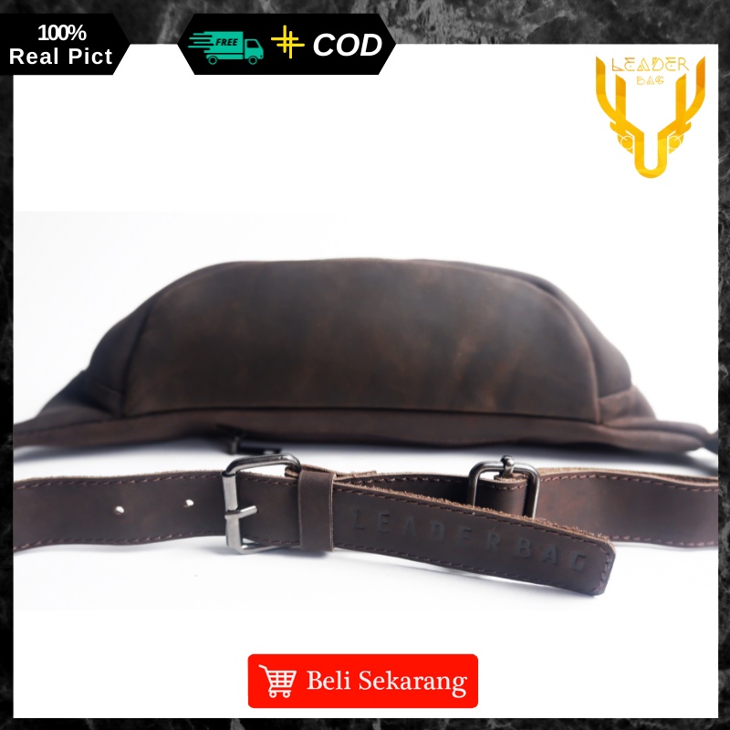 leaderbag Tas Selempang Pria Kulit Sapi Asli Warna Coklat Khaki Terbaru Atau Tas Pinggang Waistbag Kulit Cowok Keren Branded Original AA03 DRACO