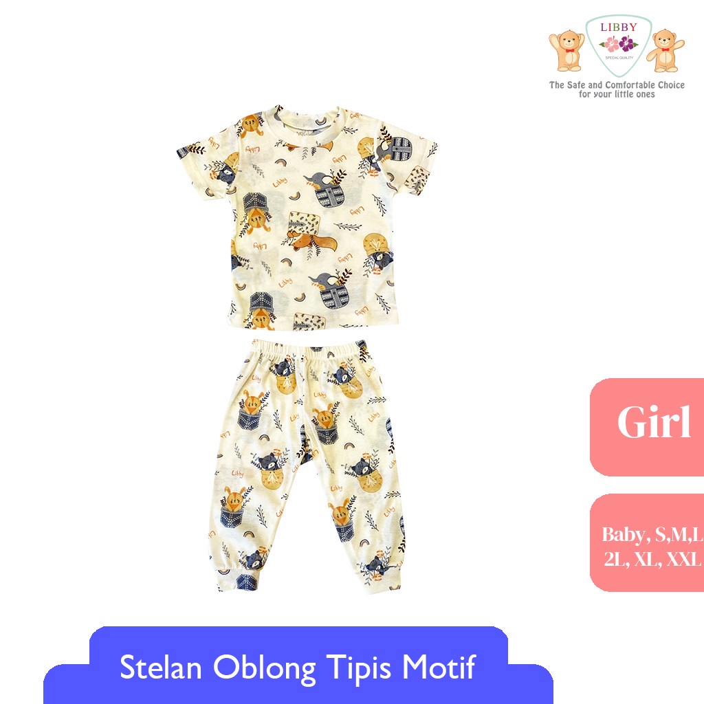 LIBBY Stelan Oblong Cotton Rib Pendek - Celana Panjang Series Girl Motif Happy Farm / Play The Ground (1stel)