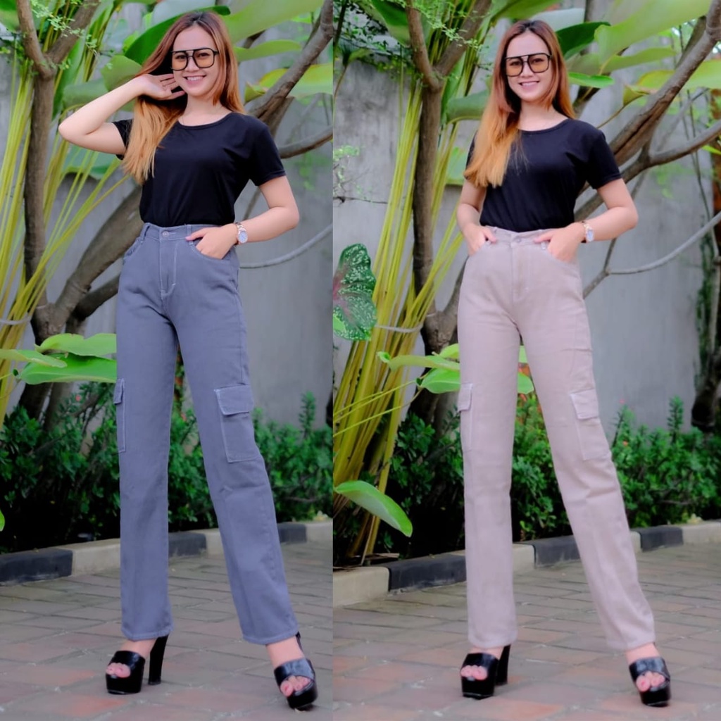 alvan.id Celana Highwaist Cargo Jeans Wanita Loose belakang pinggang karet