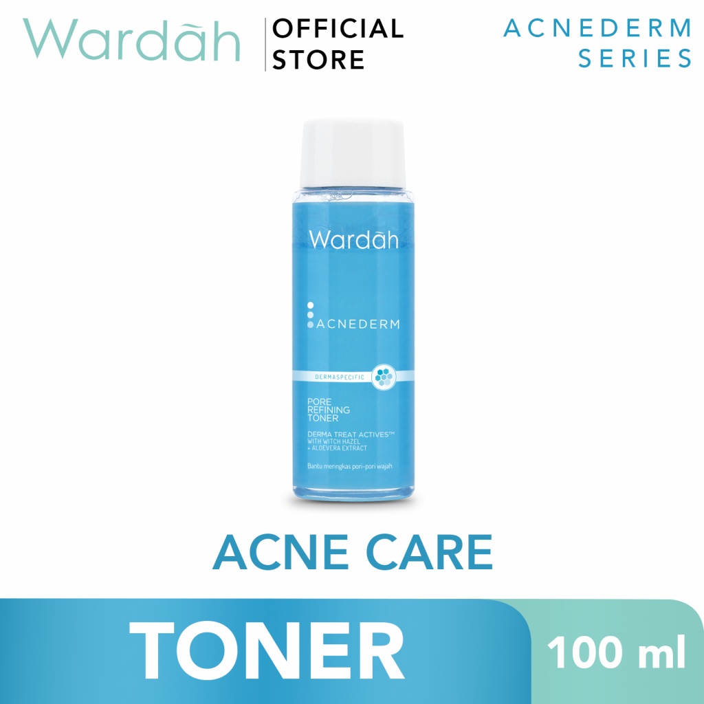 WARDAH Acnederm Pore Refining Toner Indonesia / Pembersih Wajah 100ml / Derma Treat Actives With Witch Hazel + Aloevera Extract / Bantu Meringkas Pori-Pori Wajah / Skincare Face Care Series Foaming Cleanser Serum Day Night Moisturizer Acne Spot Gel Powder