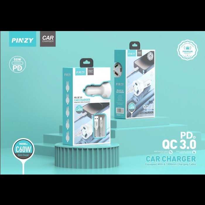 Saver PINZY C60w QC3.0+20W PD Car Charger 3 Port USB 5A Include Kabel