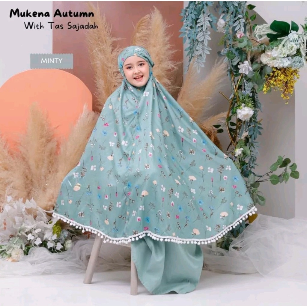 Mukena Anak Motif AUTUMN tas sajadah bahan rayon kombinasi renda pompom BY JAYSTORE02