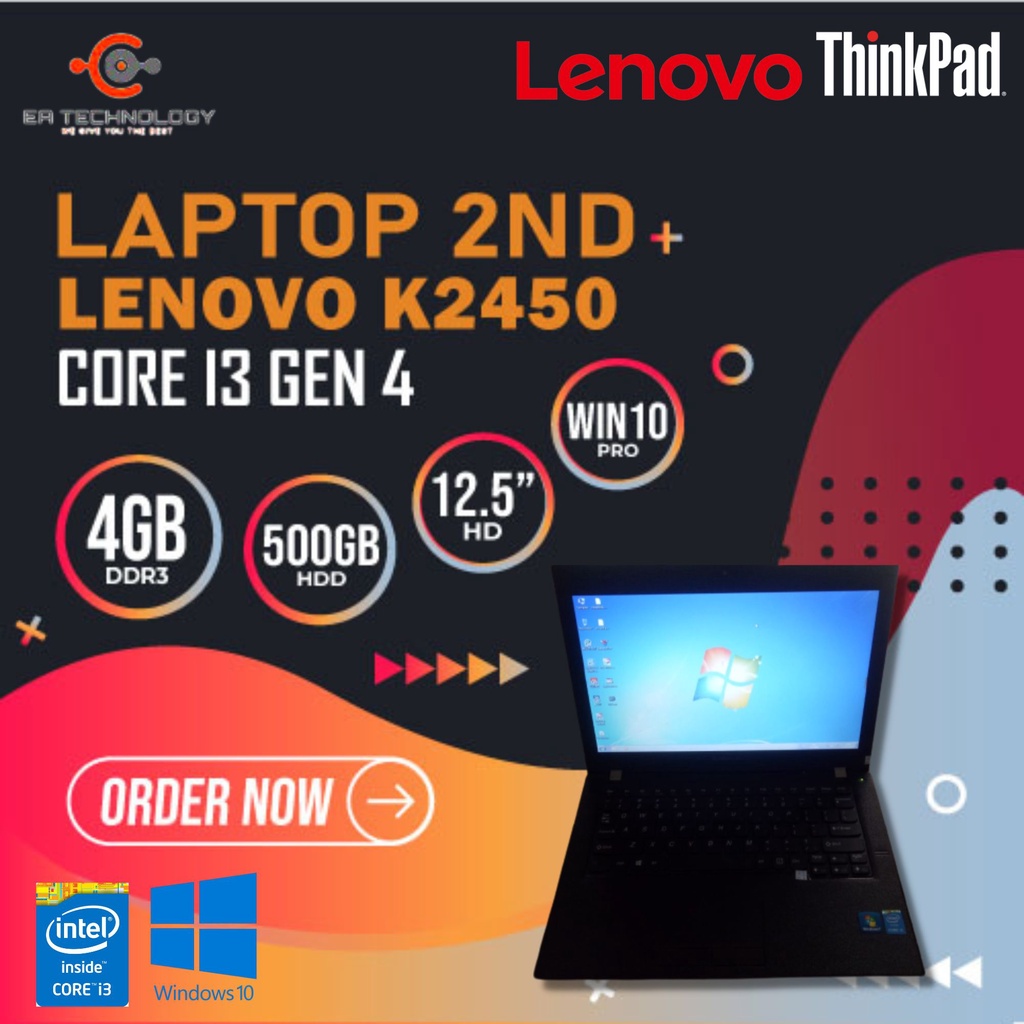 LENOVO K2450 Core i3 Gen 4 4GB DDR3 500GB HDD 12.5 HD Win10 Pro