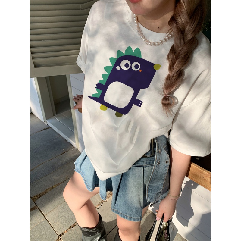 EUNII T-shirt Lengan Pendek Cartoon Dinosaur Korean Style/Kaos Atasan Wanita/Baju Kaus Oversize Wanita/Kaos Wanita