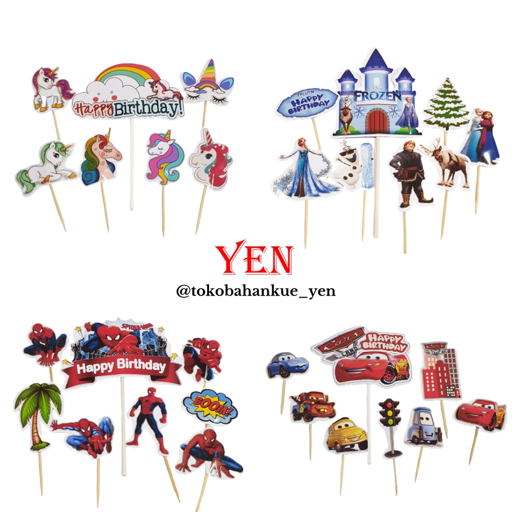 Cake Topper Happy Birthday / Tusukan Kue / Hiasan Tart Karakter / Unicorn / Spiderman / Frozen / Car