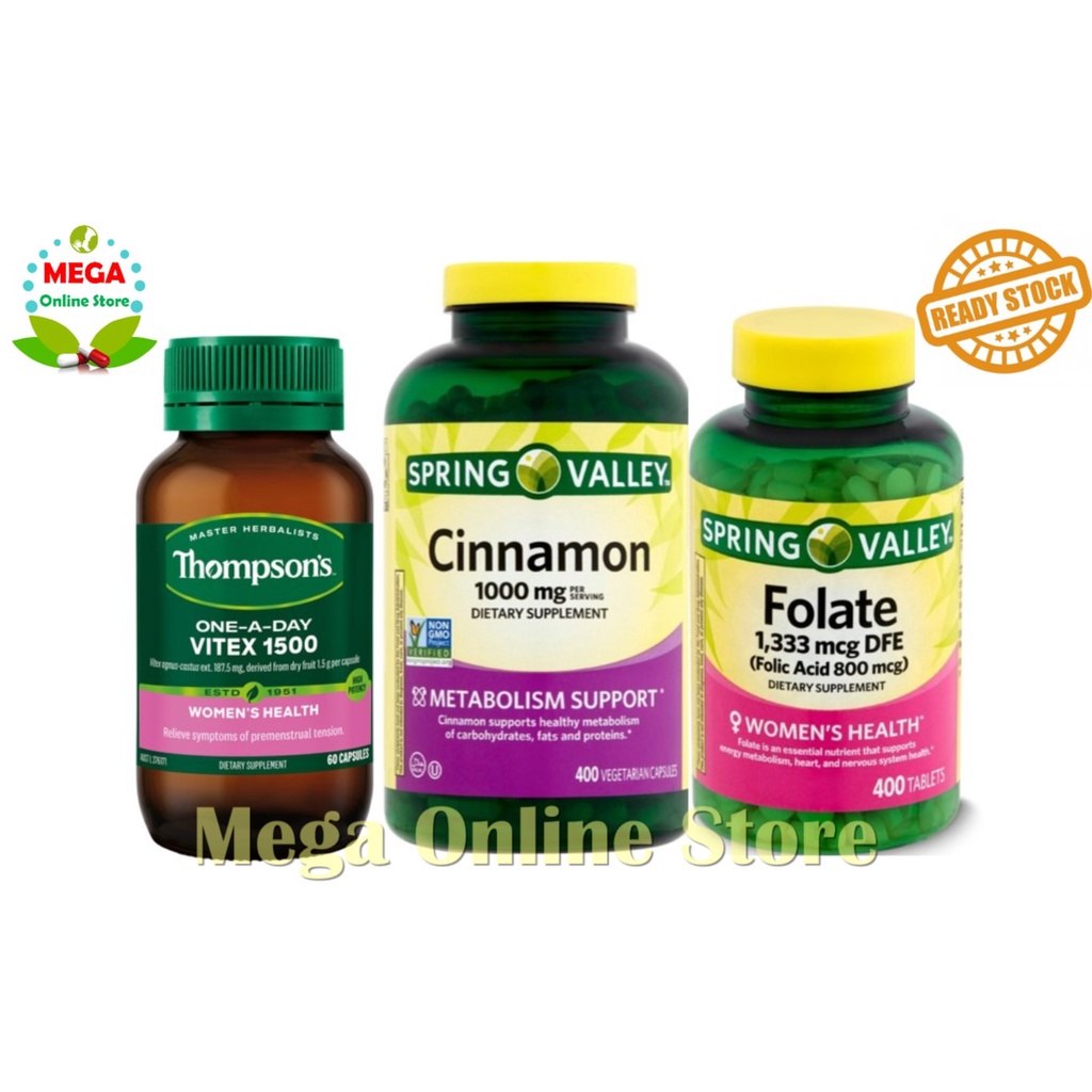 Paket Thompson Vitex + Spring Valley Cinnamon + Spring Valley Folate Folic Acid 800 mcg