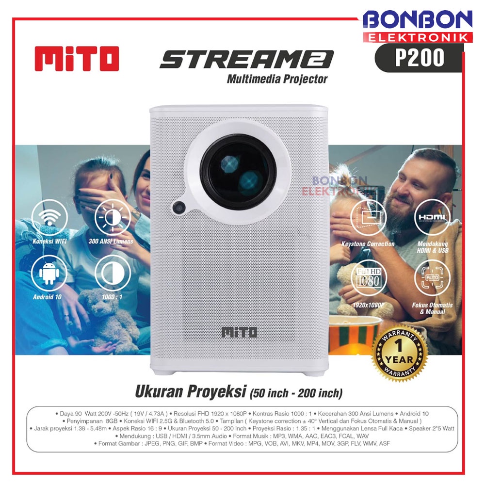 MITO Smart Projector Stream 2 P200 Proyektor Android 200Inch