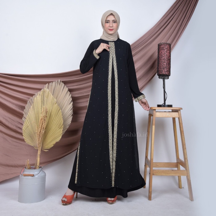 Gamis Dress Abaya Putih Hitam Turkey Mix Bordir ELLE - Hitam, M(T2O1) Gamis Turky Abaya Hitam Turkey