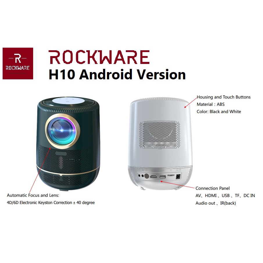 ROCKWARE H10 ANDROID - Smart Projector FHD 1080P - 300 ANSI Lumens